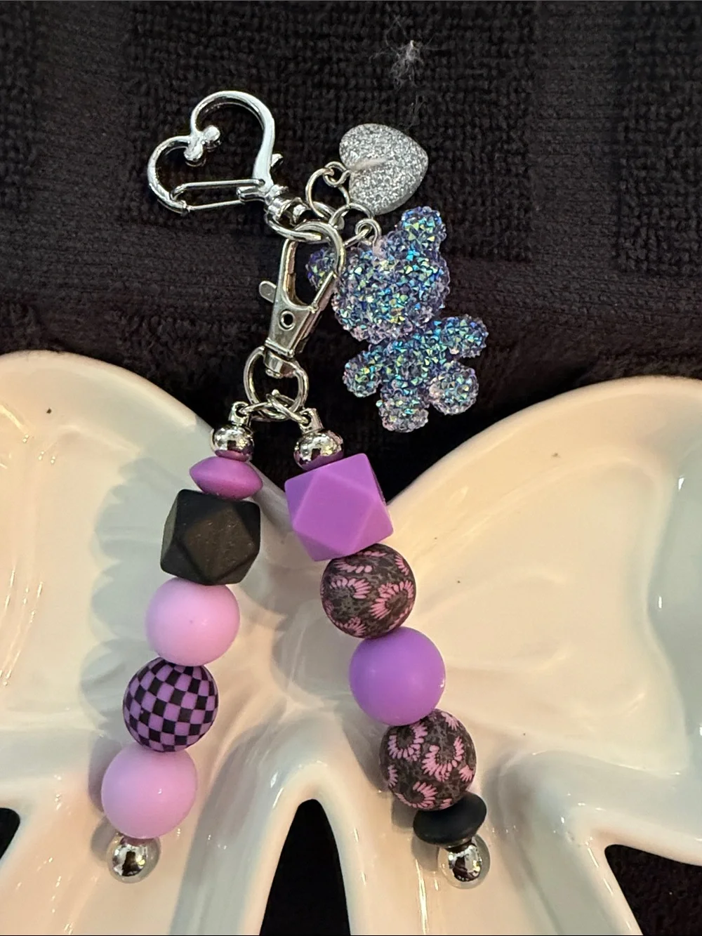 Unbranded Purple Beaded Teddy Key & Card Holder Charm